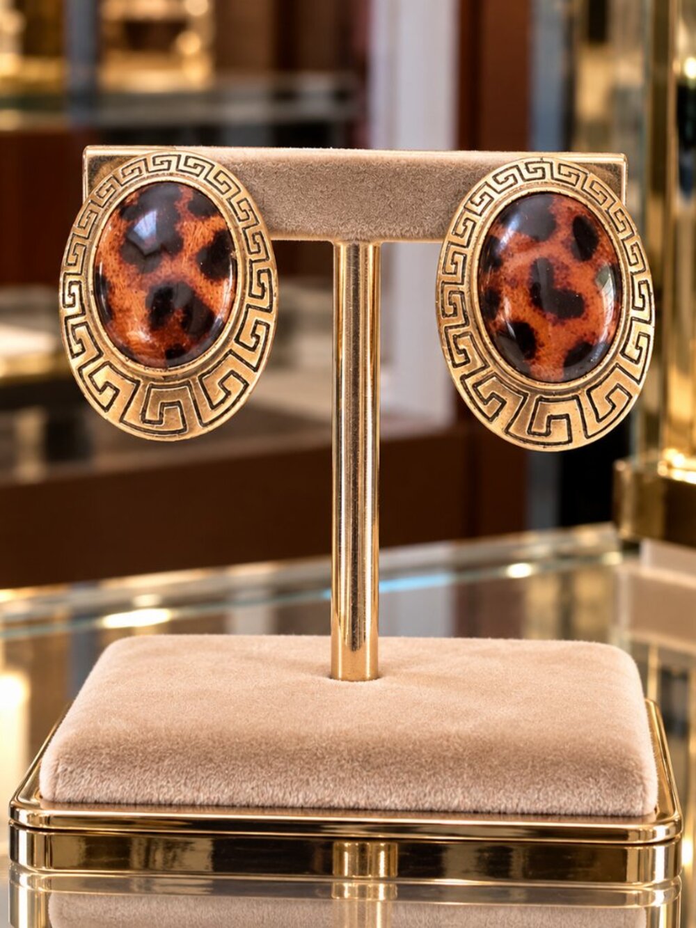 Gold-Tone Leopard Oval Clip Earrings w/Classic Greek Key Border